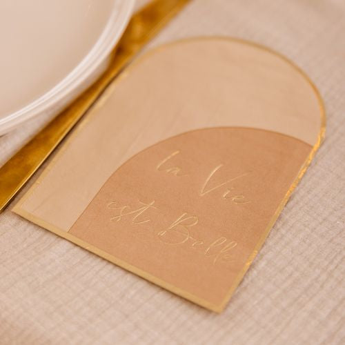 16 Serviettes "La Vie Est Belle" Curve Papier Nude, Blush et Or -60% DESTOCKAGE