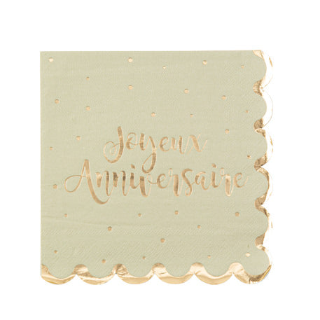 16 Serviettes "Joyeux Anniversaire" Jolis Pois Papier Vert Sauge Or -60% DESTOCKAGE