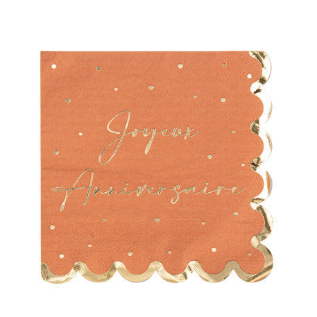 16 Serviettes "Joyeux Anniversaire" Jolis Pois Papier Terracotta et Or -60% DESTOCKAGE