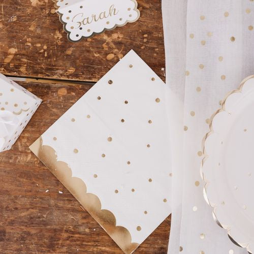 16 Serviettes Jolis Pois Papier Blanc et Or 33x33cm -60% DESTOCKAGE