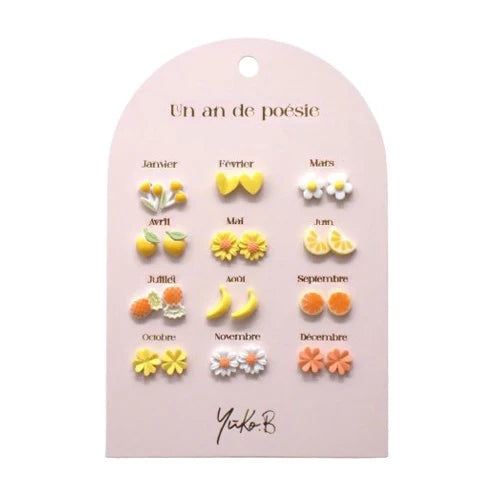 Ensemble de 12 paires de boucles d'oreilles thème jaune