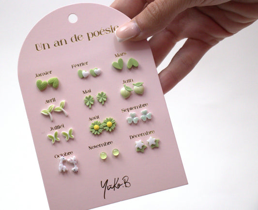 Ensemble de 12 paires de boucles d'oreilles thème vert